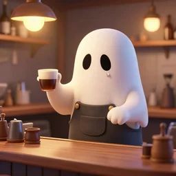 matte painting of casper ghost working as a barista. by greg rutkowski. trending on artstation. hd, 8 k, highly detailed, good lighting, beautiful, cute