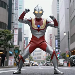 The giant kyodai hero Ultraman was fighting with Zetton in the streets of Tokyo.Ultraman style.
