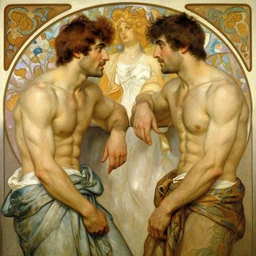 2 muscular attractive men chatting, painting by gaston bussiere, craig mullins, greg rutkowski, alphonse mucha