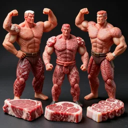 detailed photo of bodybuilders made out of meat, steaks, bacon, salami, sausages, wagyu beef