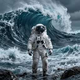 hyperdetailed atmospheric masterpiece concept art of an astronaut standing in the middle of the ocean with a gigantic tidal wave in the background, high quality trending on ArtStation by Simon Stalenhag