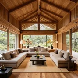 luxurious wooden cottage by alvar aalto, modern furnished japanese living room with japanese flower arrangements, coherent composition, architecture photography