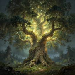 A 100 year old ancient huge glowing tree, fantasy painting, lots of detail