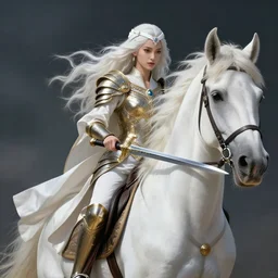 a fantast beauty detailed walkyrie riding a white horse, with a curved sword, platinum white wavy long hair, white headband in the front with diamonds, jewelry body armor in golden and silver colors, pointy ears, detailed, epic masterpiece of cinematographic hyperrealism, realistic shaded lighting poster by craig mallismo, artgerm, jeremy lipkin and michael garmash, unreal engine,