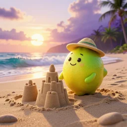 3 d render, of anthropomorphic green lemon character, with lemon skin texture, he is wearing a hat, building a sandcastle on the beach at sunset, beach, huge waves, sun, clouds, long violet and green trees, rim light, cinematic photography, professional, sand, sandcastle, volumetric lightening