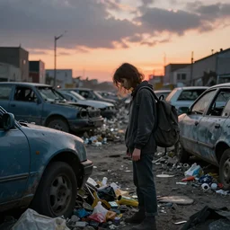 poor detailed girl with backpack standing at cars looking for food at garbage dump, destroyed cars, city is pure wasteland, moody sunset in background, high details, sharp, photorealism, cinematic, greg rutkowski, alphonse mucha, trending on artstation, artgerm, unreal engine, breathtaking, award winning, highly detailed