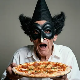 portrait photo of an old wrinkled man, skinny face, bony face, long crooked nose, large gaping mouth, black pulcinella mask, masquerade mask, pointy conical hat, white wrinkled shirt, holding pizza, presenting pizza, close - up, skin blemishes, menacing, intimidating, masterpiece by herb ritts
