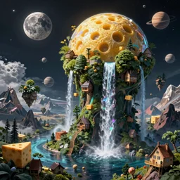 planet overgrown with wax moon and visible cheese planets in the sky, waterfalls, hanging houses and floating mountains, rectilinear, barometric projection, dutch angle from space view, concept art, high detail, intimidating, deep rich colors, iridescent radiance, epic scale ultrawide angle, stunning, epic, cinematic, Artstation trending, octane render, hyperrealistic, Cryengine 8k UHD