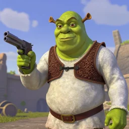 fiona from shrek holding a gun