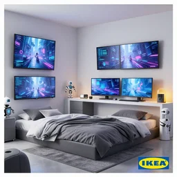 IKEA catalogue photo, cyberpunk teenager bedroom, screens, TVs, monitors, robots, by Beksiński