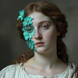 hyperrealism close - up mythological portrait of an exquisite medieval woman's shattered face partially made of turquoise flowers in style of classicism, wearing white dress, dull palette