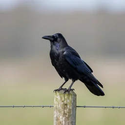 a crow on a fence post, nature photography, wildlife photography canon, sony, nikon, olympus, 4 k, hd, 1 0 0 mm, depth of field