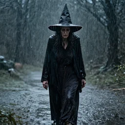 really old witch, walking through heavy rain, melancholic, sad, lots of raindrops, detailed, cinematic, dramatic lighting, by al feldstein