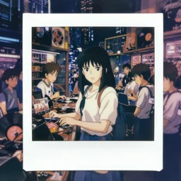 a full body polaroid portrait of a 1 9 8 0's disney girl 7 5 working at a vinyl stall 7 3 4, finely detailed features, closeup at the faces, perfect art, busy cyberpunk city, gapmoe yandere grimdark, trending on pixiv fanbox, painted by ilya kushinov makoto shinkai takashi takeuchi studio ghibli, akihiko yoshida,