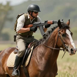 markiplier with an AK-47 on a horse, detailed