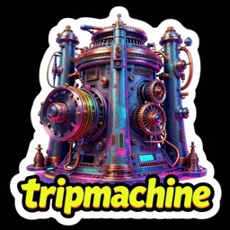 sticker of a rock band, band name is tripmachine, on the sticker is a 3 d render of a huge futuristic steampunk power generator, 8 k, fluorescent colors, halluzinogenic, multicolored, exaggerated detailed
