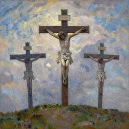 painting of three empty 1st century crucifixion crosses on calvary hill, miraculous cloudy backdrop, by Monet, wallpaper, hd