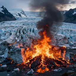 alaskan glacier on fire, dim volumetric lighting, 8 k octane render, postprocessing, hyperdetailed, intricate, epic composition, cinematic lighting, masterpiece, trending on artstation, stunning art by anders zorn, extraordinary artwork by greg rutkowski