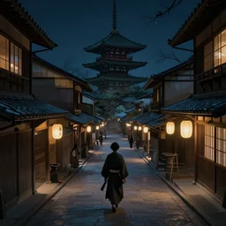 Medieval Kyoto street at night landscape, spirits haunting the streets, 8K, trending on artstation, golden ratio, low key, ultra detailed, concept art, art by Jean Giraud