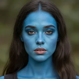a masterpiece portrait photo of a beautiful young woman who looks like a blue skinned mary elizabeth winstead, symmetrical face