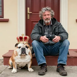 Buddy the graying middle aged homeless man holding an xbox controller next to a crowned royalty english bulldog, photo by Wes Anderson