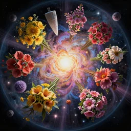 An epic fantastic realism comic book style painting of the most beautiful flowers launched into space, bouquets, glorious galactic collision, fisheye lens, unreal 5, DAZ, hyperrealistic, octane render, dynamic lighting