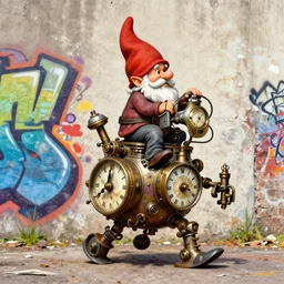 Graffiti Spraypaint A gnome gnome riding a steampunk automaton clockwork golem golem jim lambie michael cheval norman rockwell greg rutkowski alberto sughi tombow