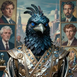 realistic detailed portrait movie shot of a birdman wearing metallic robes, sci fi city landscape background by denis villeneuve, amano, yves tanguy, alphonse mucha, ernst haeckel, max ernst, roger dean, masterpiece, rich moody colours, blue eyes