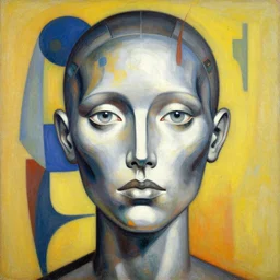 a portrait headshot of sci fi metallic human, bright eyes, melancholic complex geometric figure liminal biomachine by oskar schlemmer, moebius, john berkey, film grain, oil on canvas, portrait facial head, featured on artstation, hd wallpaper, 8 k, bright colors, global radiant light