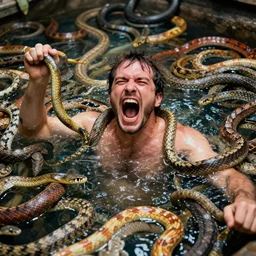 photograph of a man screaming, drowning in an orgy of colorful snakes