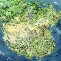 treasure map of a large fantasy world with various biomes and cities, highly detailed, smooth, sharp focus, artstation, illustration by makoto shinkai and moebius and jean giraud