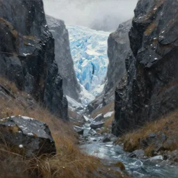 classical oil painting of icy glacial canyon with black rock, brown grass, refracting ice, snowing, fog, ambient light, hyperrealism, fine detail, 8 k, fantasy, trending on artstation, stylistic, brush strokes, oil, canvas, by kawacy and makoto shinkai