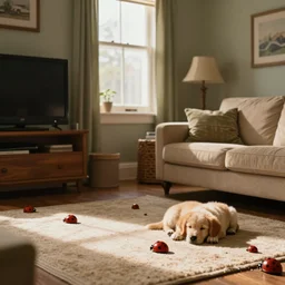 movie still of dim family room lit by sunbeam from window, a tv in one corner, a sofa along a wall, and puppy sleeping on floor, ladybugs overrun every surface and item. ladybugs cover sofa, tv, cover wall ceiling floor and cover puppy. ladybug infestation. digital art, superior quality, octane render, 8 k, wall - e.