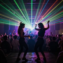 2 friends dancing at a concert with drinks and lasers, croud in the back, abstract