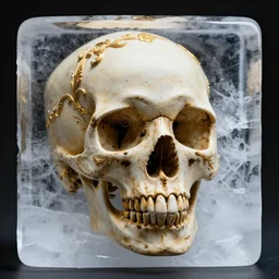 a orante human skull with rococo carvings and gold plated detailing encased in an icecube