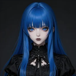 rimuru, long blue hair, anime girl, bangs, gothic, anime character, noir, screenshot, sharp focus, intricate, illustration, cell shaded, digital painting, highly detailed, matte, art by ilya kuvshinov, unreal engine 5, wlop, greg rutkowski, studio quality, james jean, artem demura