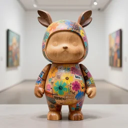8 k octan, advertising, highly detailed, photo, a totally wooden figurine collectible art toys wooden on feet, funny very cute fat humanoid zen with birds ears, flowers graffiti colored cyberpunk, a contemporary art gallery, symetrical, masterpiece of art, nofinito, design