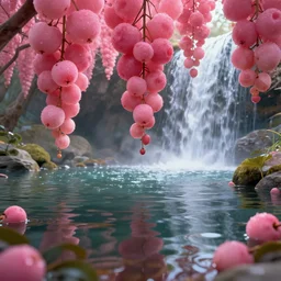 close up of low hanging pink fruits over a pond, waterfalls, by james gurney, low angle shot, concept art, intricate, hyper detailed, volumetric lighting, sharp focus, octane render, trending on artstation, 8 k