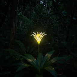 the glowing flower at night in the dense forest