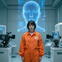 an 8 k photograph depicting haruka abe wearing an orange prison jumpsuit. behind her a blue holographic face hangs in the air, dominating the background scene. futuristic medical equipment surrounds haruka abe. cinematic lighting, soft focus, panavision camera, sci fi, futuristic,