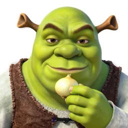a stock photo of shrek eating an onion, 8 k, ultra - realistic, white background, face cluse - up, studio lighting