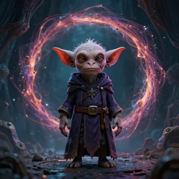 a photorealistic render of a mage goblin in front of a fractal portal in the style of Remi Luizy, ultra detailed, crispy, C4D, octane render, 8K, raytracing, trending on artstation, trending on deviantart