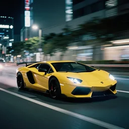 photo of a lamborghini at night driving fast through a city, cinematic, 4k, long exposure photography, tokyo drift, fast and furious, film still, night photography, motion blur, lens flare, movie shot, analog camera
