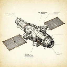 A detailed schematic drawing of a sci-fi satellite, blueprint, technical drawing, scientific illustration, concept art, annotations, paper texture, Artyom Turskyi, Longque Chen, Mack Sztaba, Vladimir Manyukhin artstation, 8k
