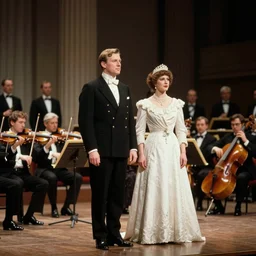 an image of a archduke and queen attending a nighttime gala performance by the national arts centre orchestra in a medium full shot, vintage historical fantasy 1 9 3 0 s kodachrome slide russian and japanese mix.