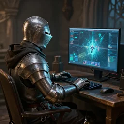 a middle age knight sitting in front of a pc playing games, 8 k, trending on artstation, ultimate octane render