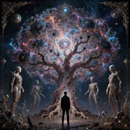 a human man standing next to a cosmic tree, a sense of awe, amazement, monogon, plasma display, damascus, multiscopy, morph, in a symbolic and meaningful style, insanely detailed and intricate, hypermaximalist, elegant, ornate, hyper realistic, super detailede