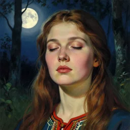 beautiful woman with her eyes closed, close - up face, walking in the forest at night. full moon. folk horror. hyper detailed. soviet art propaganda