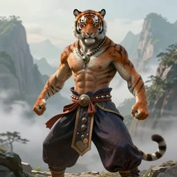 beautiful fantasy character portrait, male martial artist, fit anthropomorphic tiger, dressed in fluent oriental pants, jeweled, mountain background, hyper realistic, highly detailed by peter mohrbacher, wayne barlowe, boris vallejo, paolo eleuteri serpieri