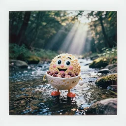 A polaroid photo of a cereal mascot standing in a shallow river, dreamy lighting, hi-res photo